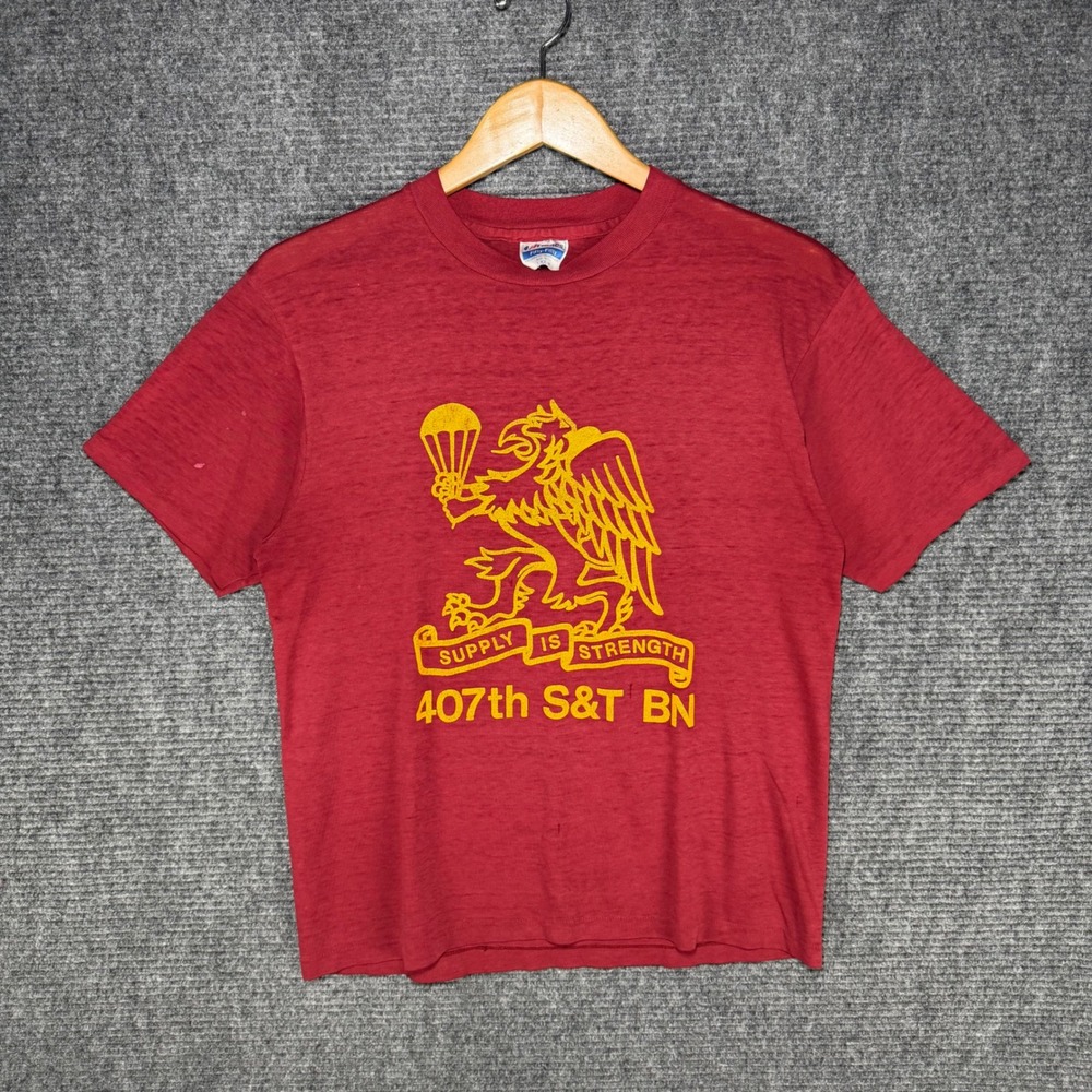 Vintage 80s Hanes 407th S&T BN Military T-Shirt Maroon Paper Thin Single Stitch